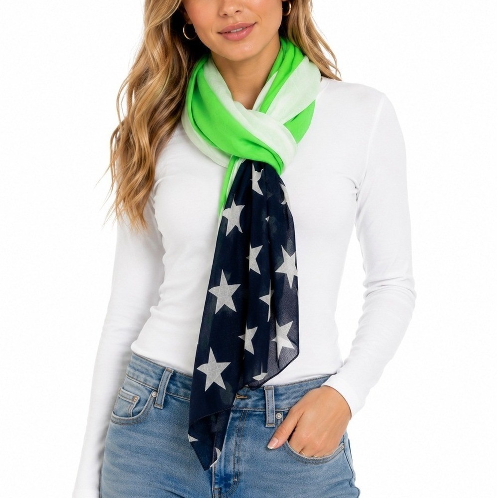 Tommy Basic Neon Green White Striped Star Scarf Wrap 100% Cotton Made in Italy